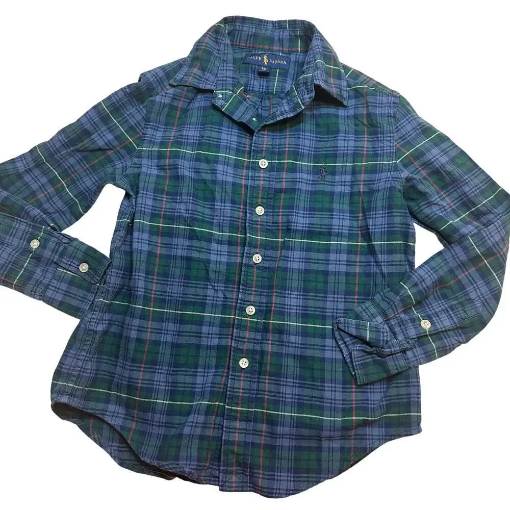 Boy's Ralph Lauren Plaid Button Down Shirt sz S (8) Blue Green Plaid